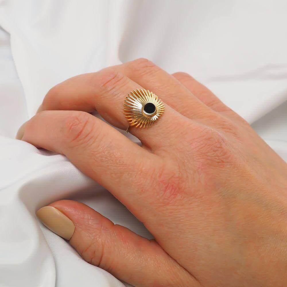 Bague Alexia - Plaqué Or et Agate Noire - Aurore & Luna