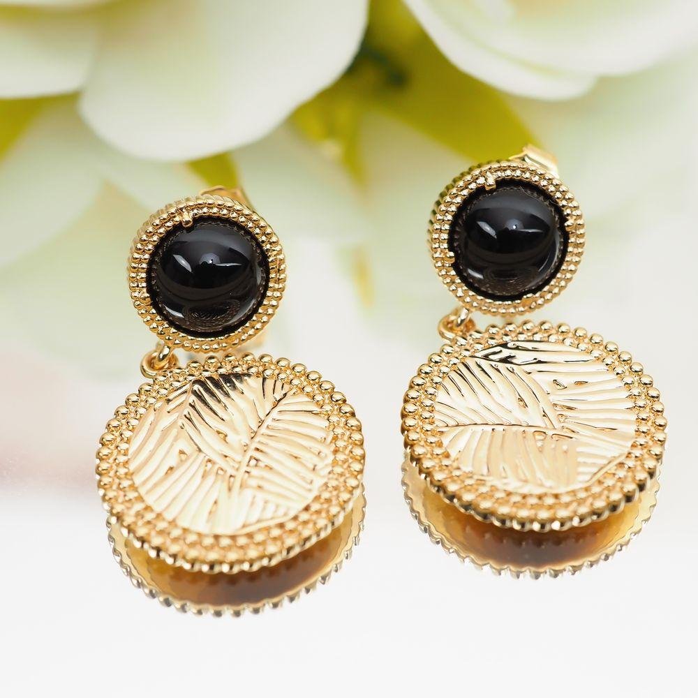 Boucles d'oreilles Enora - Plaqué Or et Agate Noire - Aurore & Luna