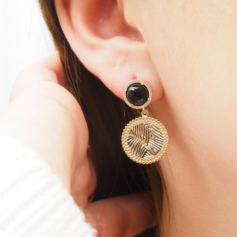 Boucles d'oreilles Enora - Plaqué Or et Agate Noire - Aurore & Luna