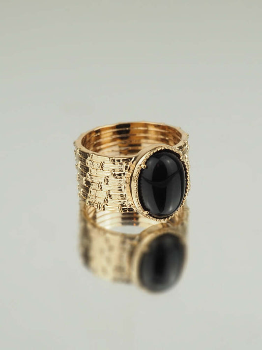 Bague Patricia - Plaqué Or et Agate Noire - Aurore & Luna